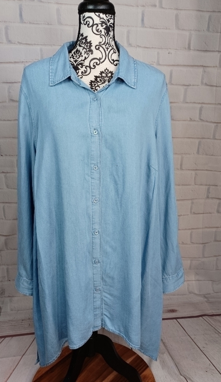 Zac & Rachel women's plus size 2x long tab sleeves chambray button front top b15